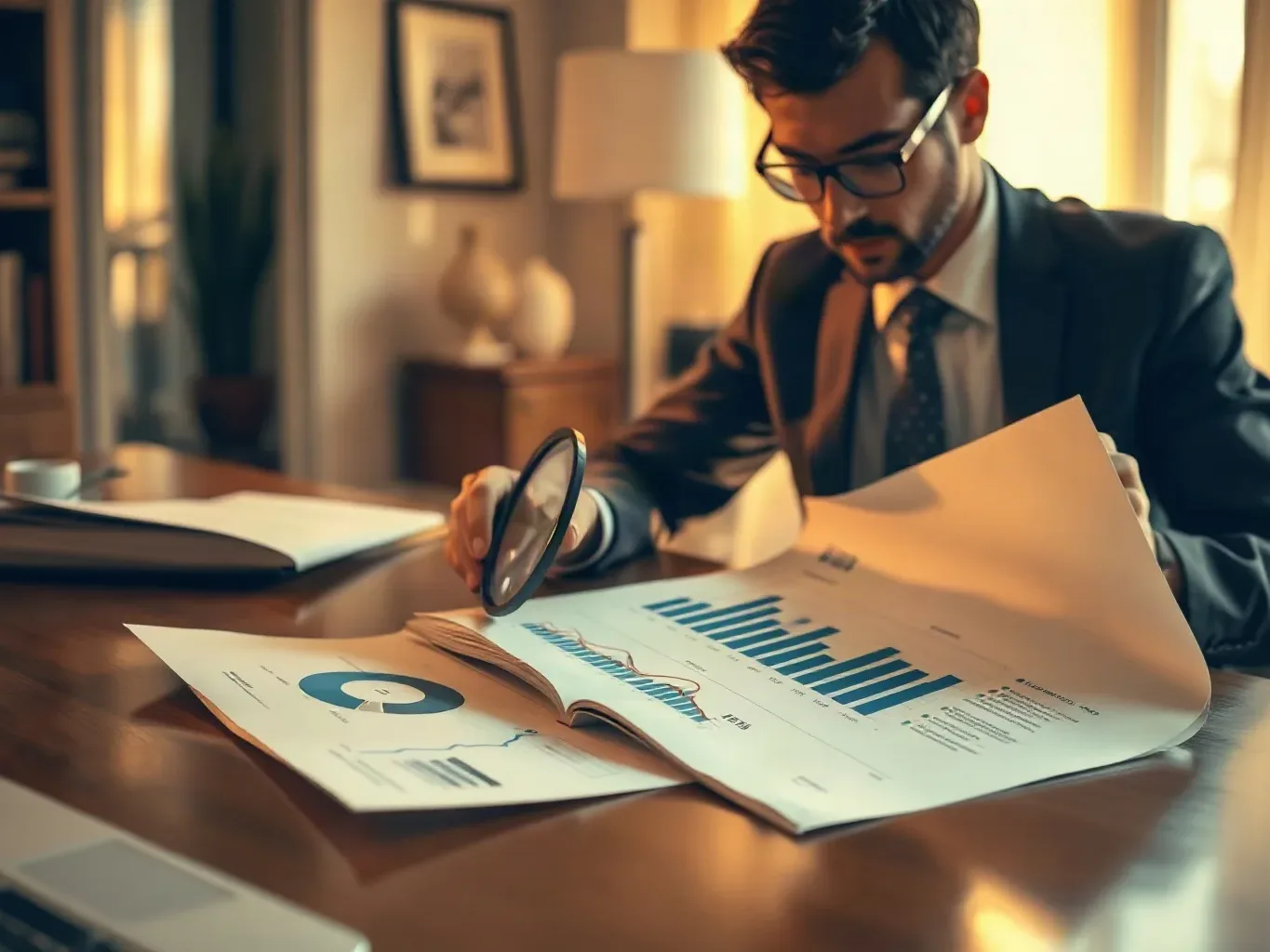 A person in a suit and glasses examines printed charts and graphs on a desk using a magnifying glass, in a warmly lit study