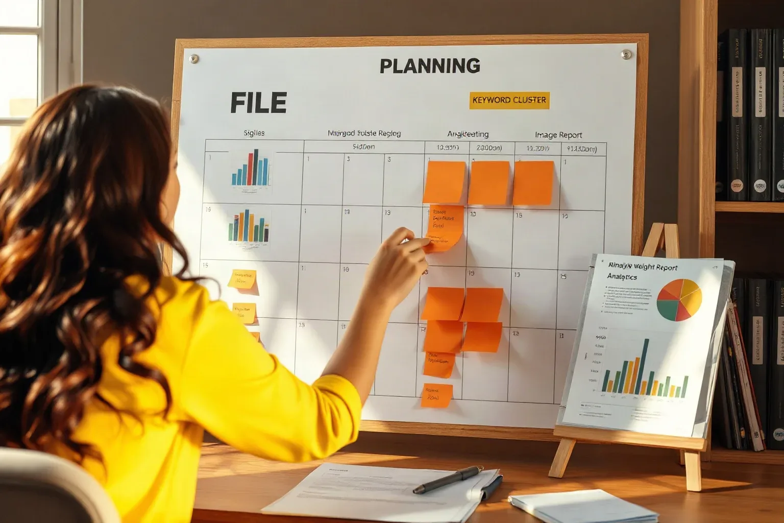 A marketing professional at the planning board writing file-size figures onto sticky notes and placing them into the keyword cluster grid, a printed analytics report with image-weight data visible on the organised shelving beside the board