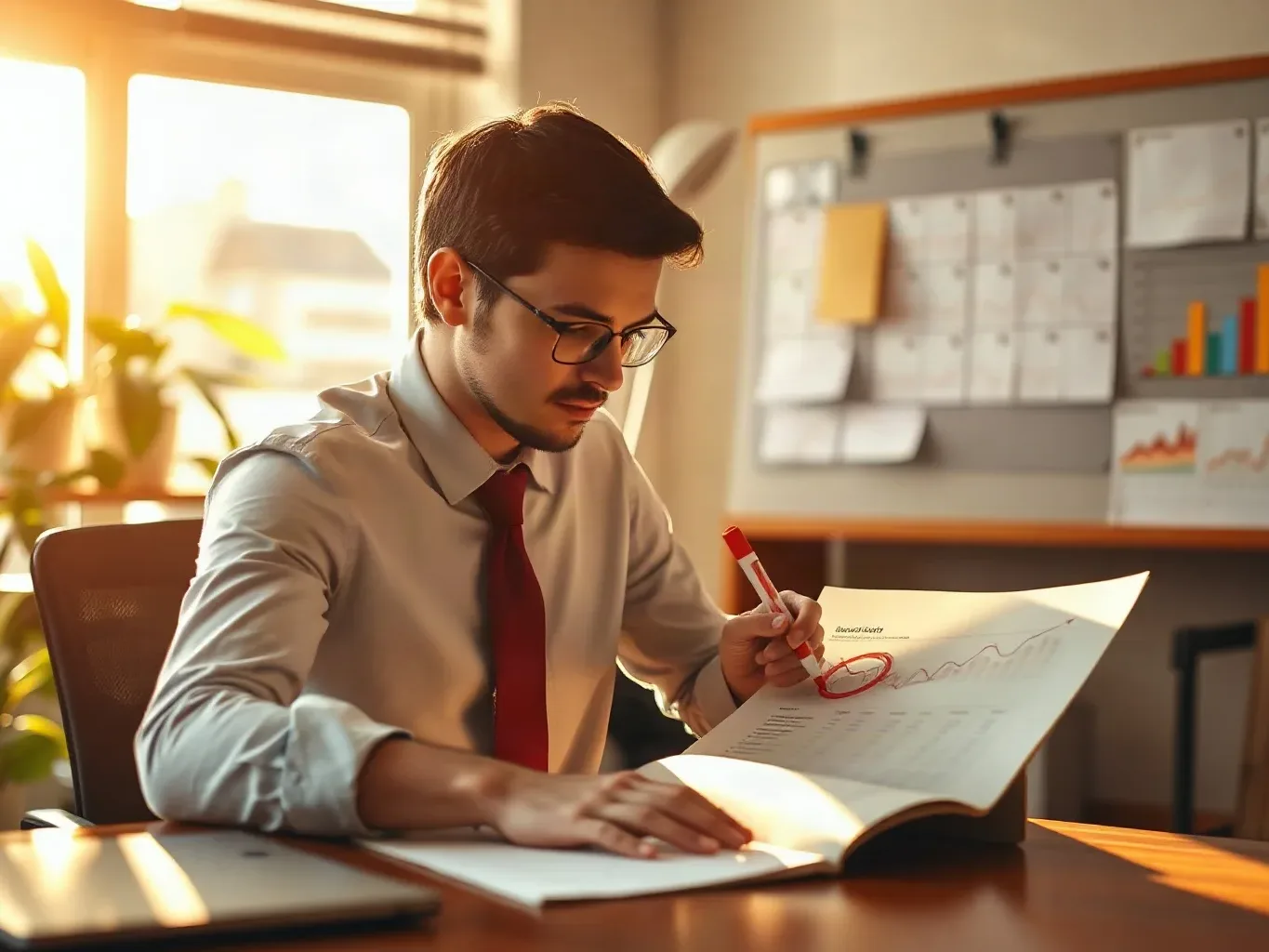 A person wearing glasses and a red tie circles a point on a printed chart with a red marker, seated at a desk in a sunlit office with a pinboard displaying papers and graphs on the wall behind