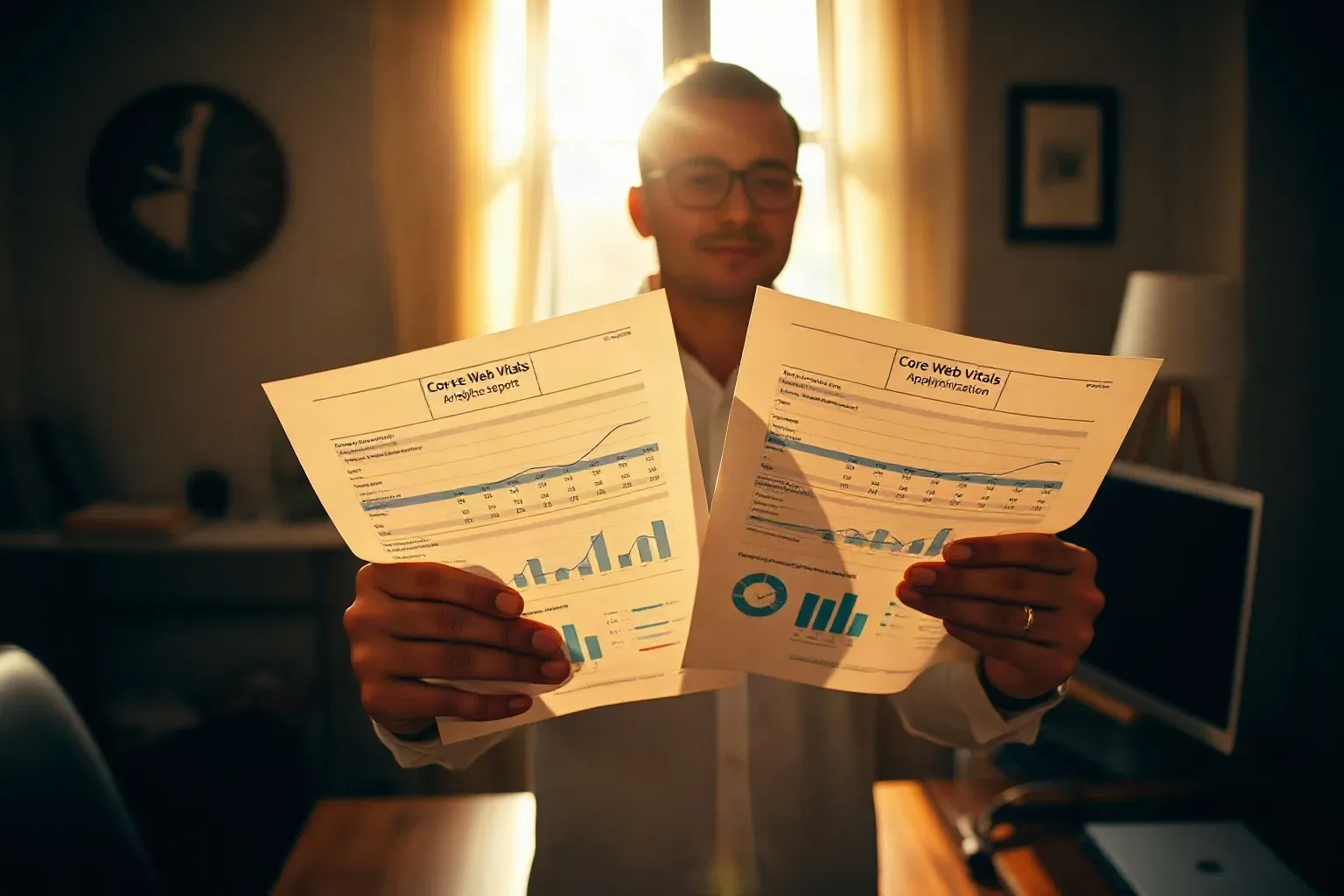 A person wearing glasses holds up two printed reports featuring charts and graphs, seated in a warmly lit room with a computer monitor visible in the background