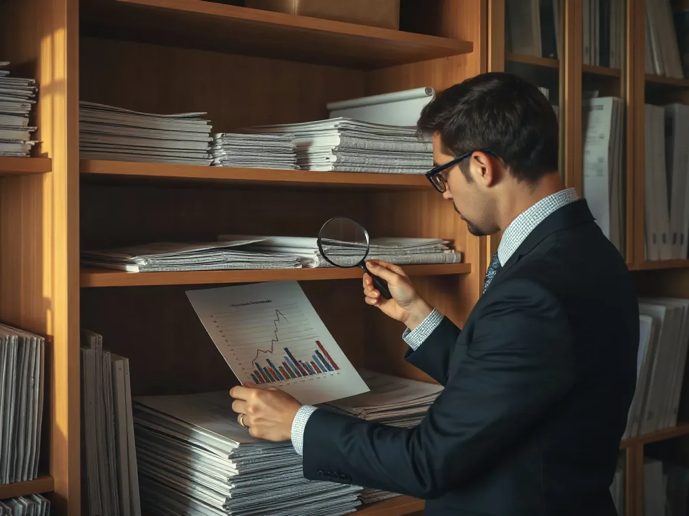 A marketing professional in business attire at the organised shelving arranging printed analytics reports in chronological order across two shelves while holding a magnifying glass against the most recent report's trend chart