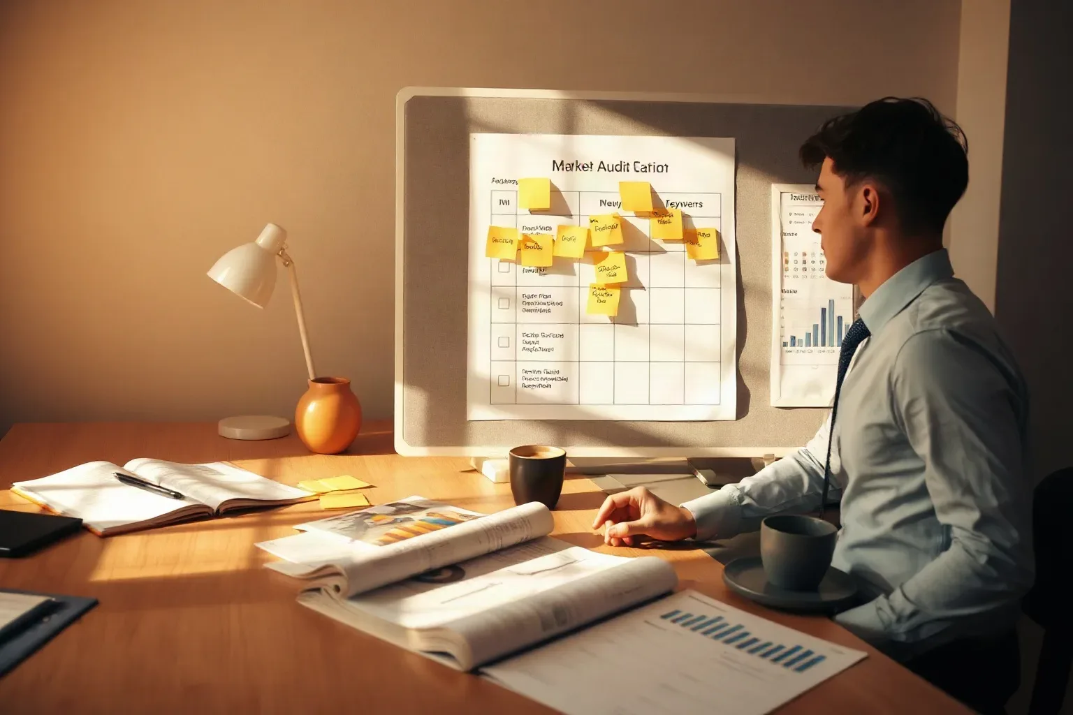 A marketing professional in business attire at the planning board consolidating several sticky-note keyword clusters into a single audit-checklist column while a printed analytics report is spread open across the desk directly beneath the board