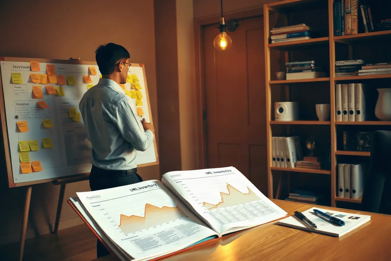 A marketing professional standing at the planning board placing sticky-note keyword clusters into a structured crawl-response-code grid, a printed analytics report showing URL inventory data open on the organised shelving to one side