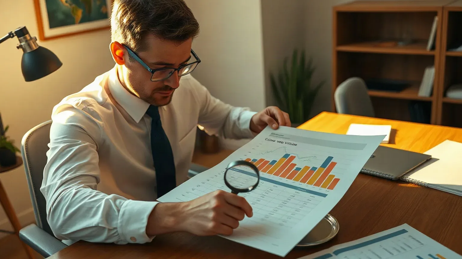 A person in a white shirt and tie examines a printed bar chart report through a magnifying glass whilst seated at a wooden desk in an office