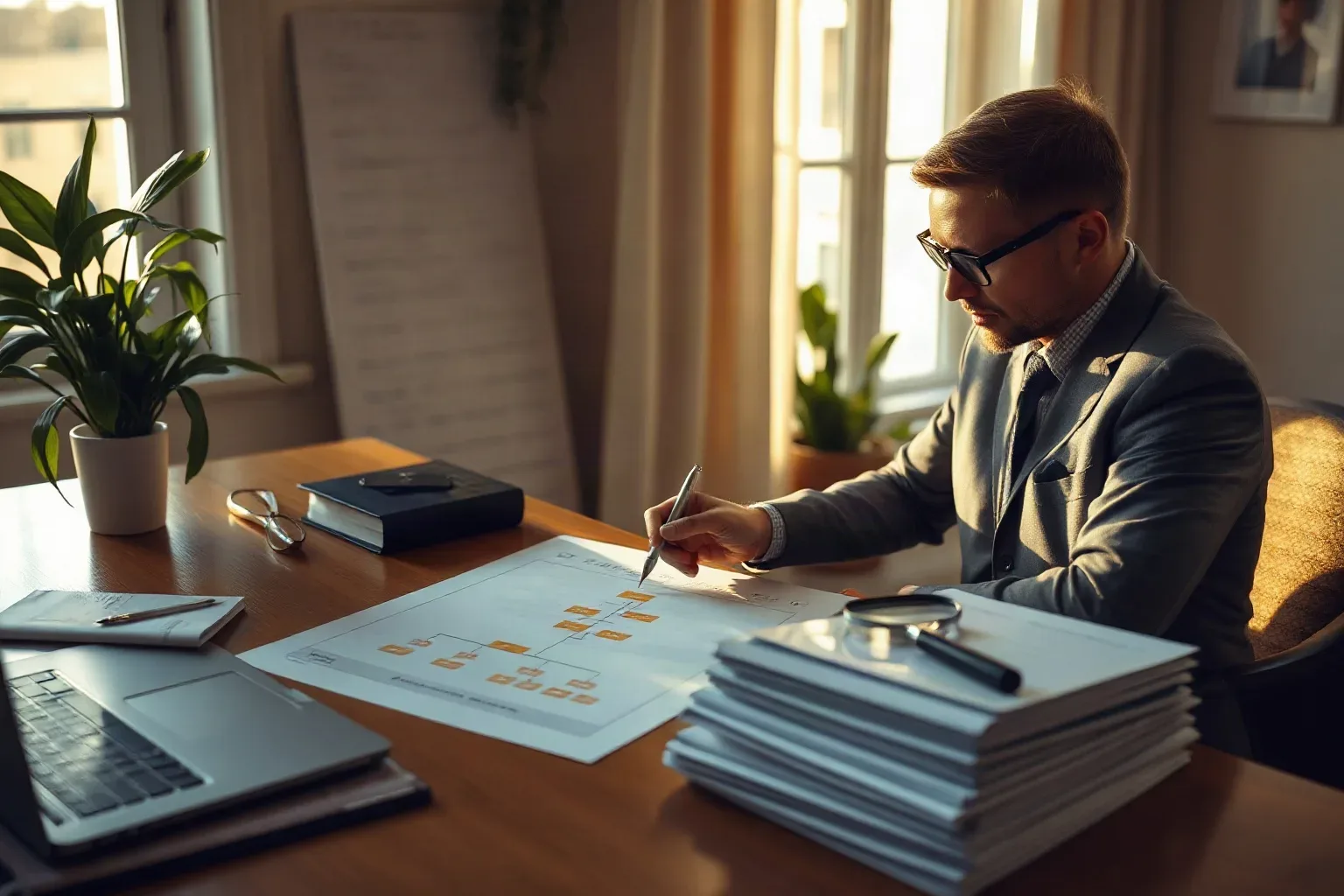 A person in a suit and glasses writes on a printed flowchart spread across a desk stacked with papers, beside a laptop and potted plants in a sunlit room