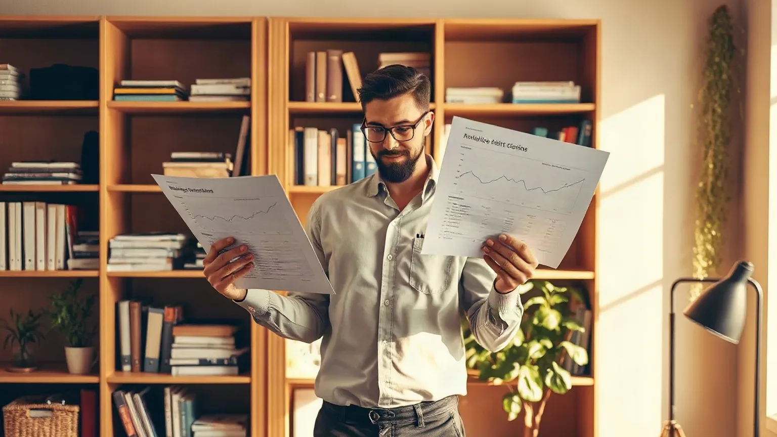 A person wearing glasses stands in a book-lined room, holding and reviewing two printed documents featuring charts and graphs