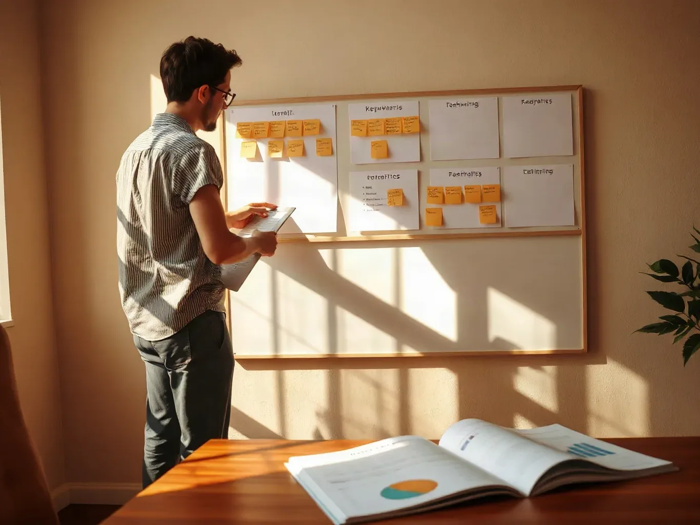 A marketing professional standing at the wall-mounted planning board and grouping sticky-note keyword clusters under technical-audit headings, a printed analytics report showing crawl-error data resting open on the desk below