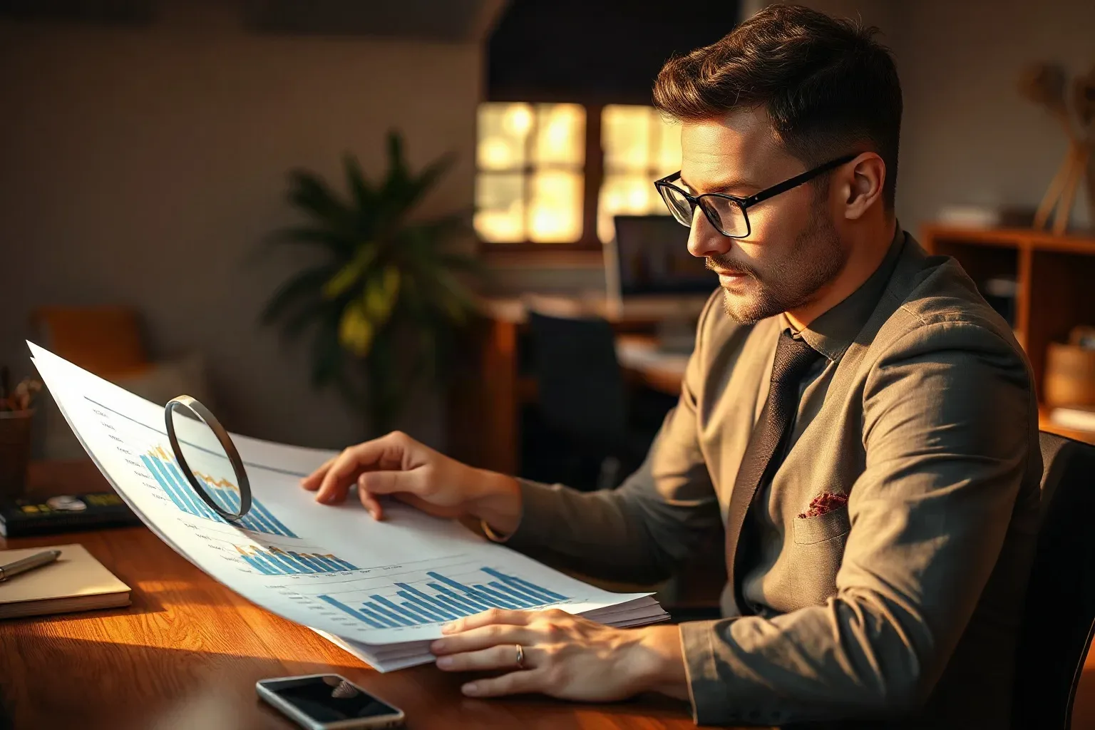 A marketing professional in business attire at the agency desk using a magnifying glass to examine the indexation section of a printed analytics report, a search-result ranking diagram drawn on paper positioned alongside