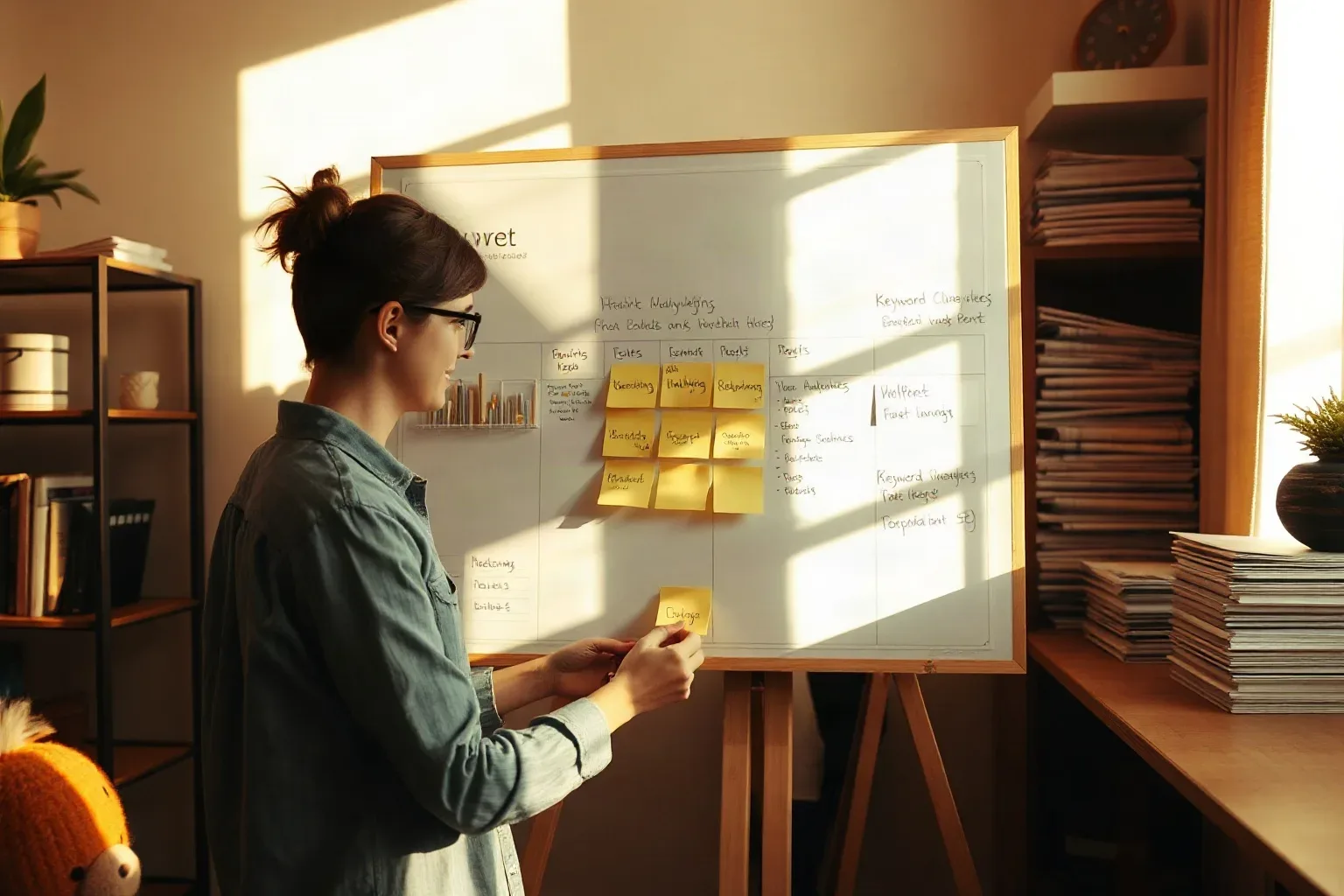 A person wearing glasses places a sticky note on a whiteboard covered in handwritten notes and yellow sticky notes, in a warmly lit office with shelving and stacked papers