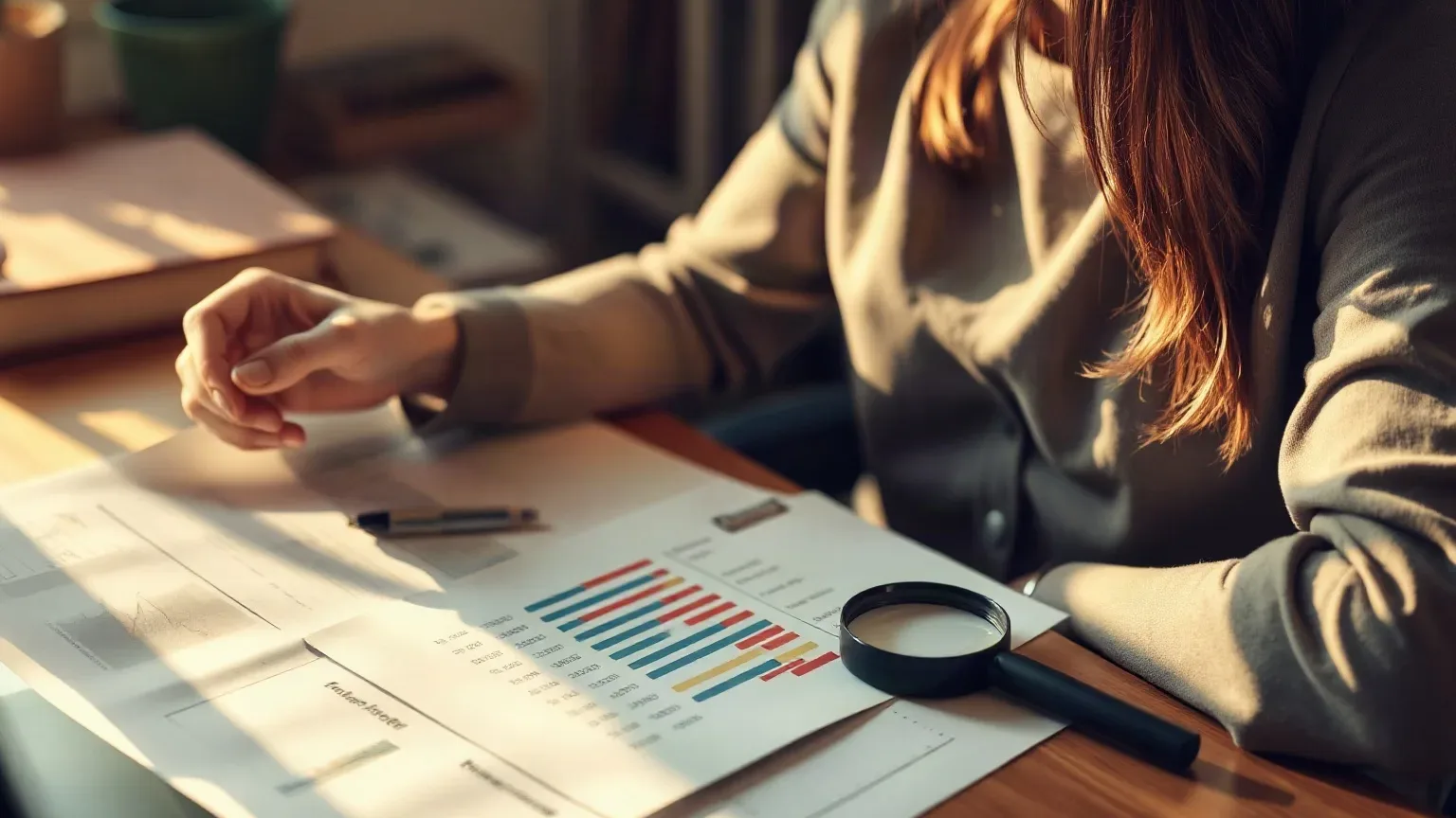 A person sits at a wooden desk reviewing printed bar charts, with a magnifying glass resting on the documents beside a pen