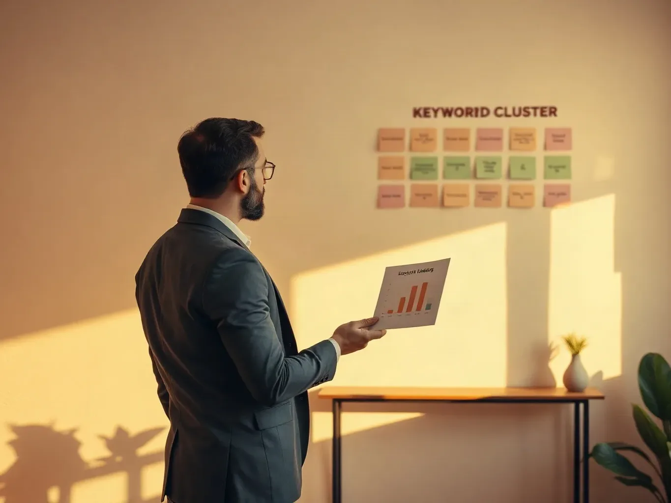 A person in a suit holds a printed chart while facing a wall display of colourful sticky notes arranged in a grid