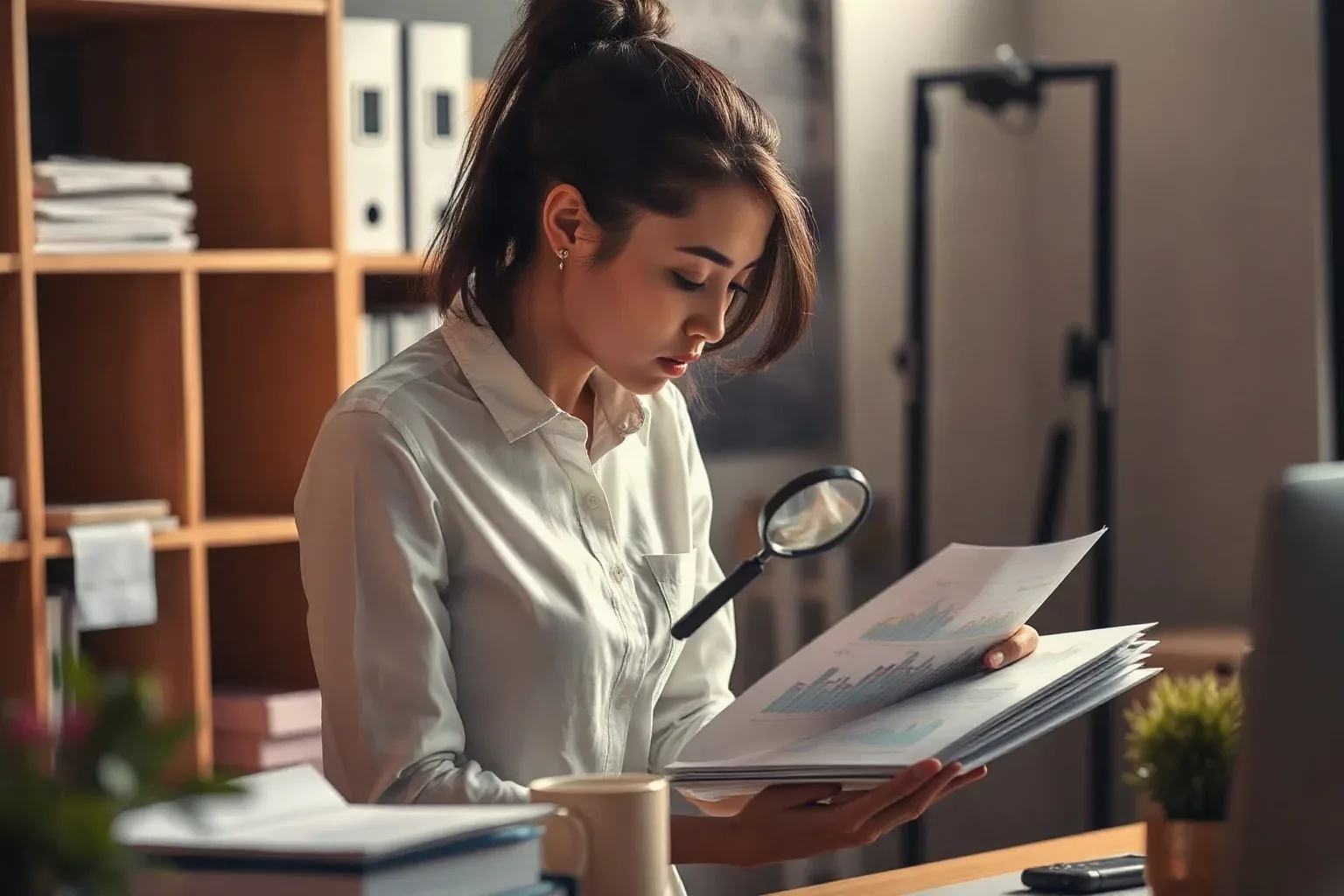 A person in a white shirt examines printed documents containing charts and graphs whilst holding a magnifying glass, standing in an office with shelving behind them