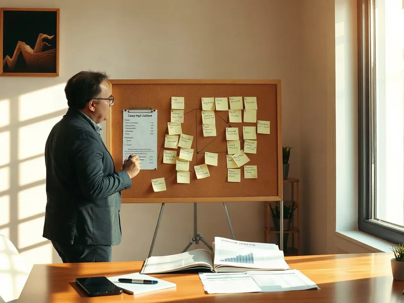 A marketing professional standing at the planning board sketching a crawl-path flow between sticky-note keyword clusters with a marker, a printed analytics report with indexation data open on the desk behind them