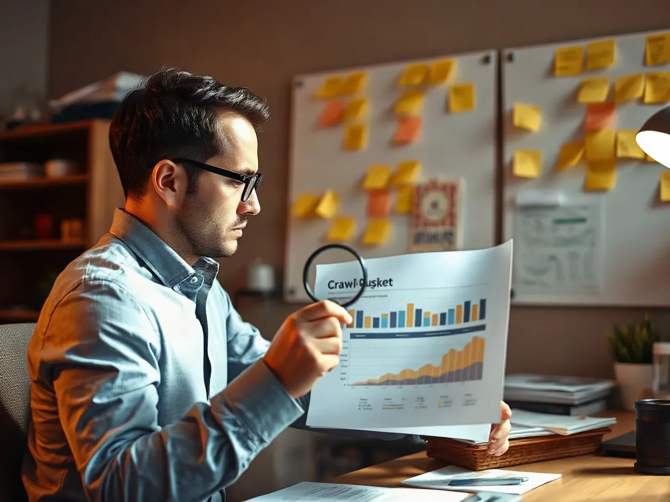 A marketing professional in business attire at the agency desk pressing a magnifying glass against a printed analytics report to read a crawl-budget breakdown table, keyword cluster sticky notes visible on the planning board above