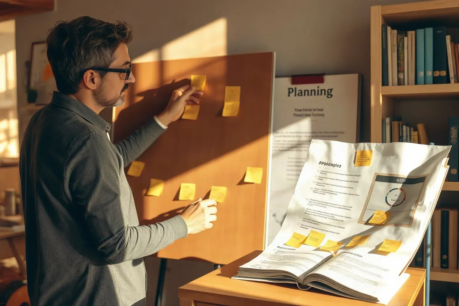 A person wearing glasses places sticky notes on a cork board beside an open document with charts, in a room with bookshelves