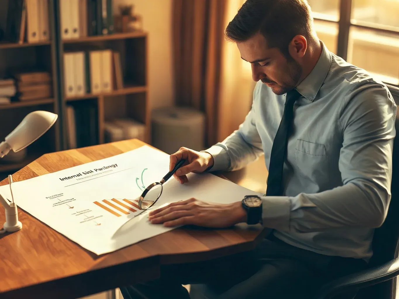 A marketing professional in business attire at the agency desk drawing internal link pathways across a search-result ranking diagram on paper, using a magnifying glass to inspect the smallest link labels on the diagram