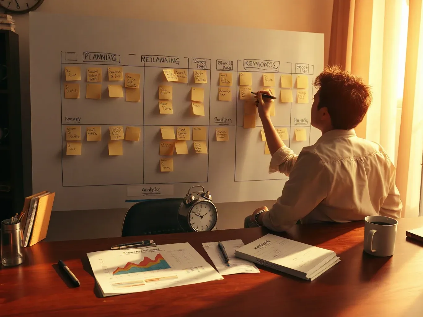 A person in a white shirt writes on sticky notes arranged in a grid on a large wall-mounted planning board, with documents and an alarm clock on the desk in front