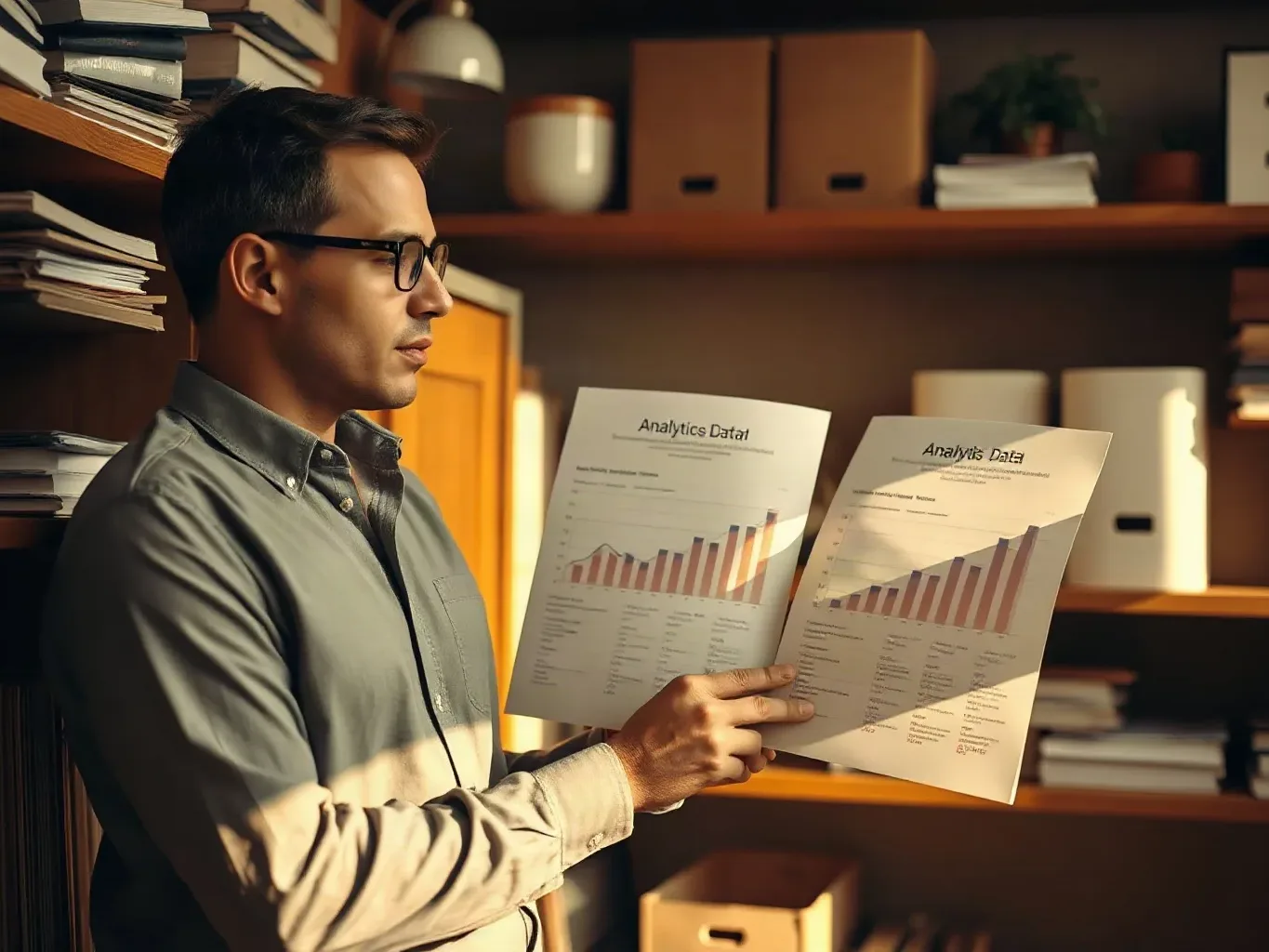 A person wearing glasses holds and reviews two printed reports showing bar charts in a room lined with wooden shelving and stacked files
